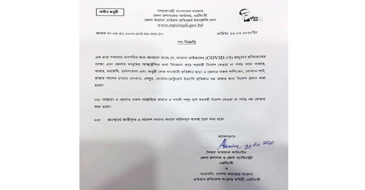 নরসিংদী জেলাজুড়ে কাঁচা বাজার ও জরুরি সেবা ছাড়া সব বন্ধ ঘোষণা নরসিংদী জেলাজুড়ে কাঁচা বাজার ও জরুরি সেবা ছাড়া সব বন্ধ ঘোষণা