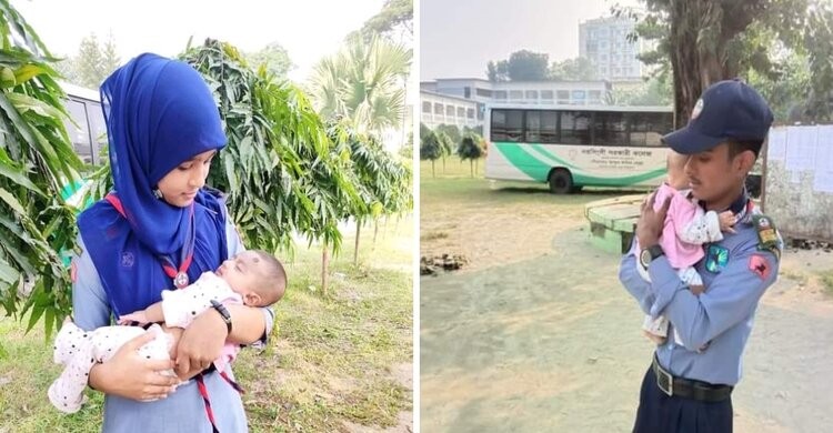 পরীক্ষার হলে মা, কোলে সন্তান নিয়ে দাড়িয়ে স্কাউট কর্মী পরীক্ষার হলে মা, কোলে সন্তান নিয়ে দাড়িয়ে স্কাউট কর্মী